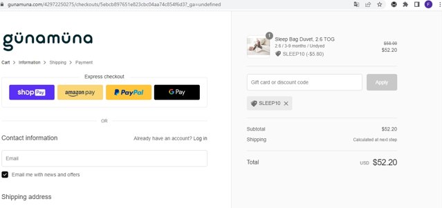 gunamuna checkout page showing gunamuna discount code box | Screenshot taken by SimplyCodes community member on Aug 12, 2022