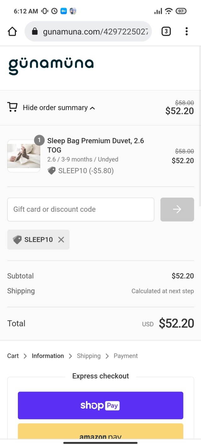 gunamuna checkout page showing gunamuna discount code box | Screenshot taken by SimplyCodes community member on Jun 10, 2022