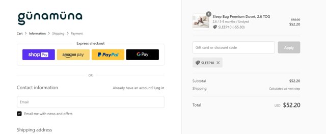 gunamuna checkout page showing gunamuna discount code box | Screenshot taken by SimplyCodes community member on Jan 25, 2022
