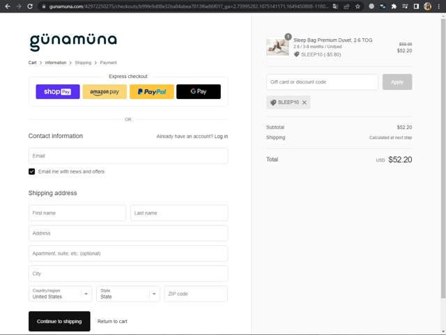 gunamuna checkout page showing gunamuna discount code box | Screenshot taken by SimplyCodes community member on Apr 9, 2022