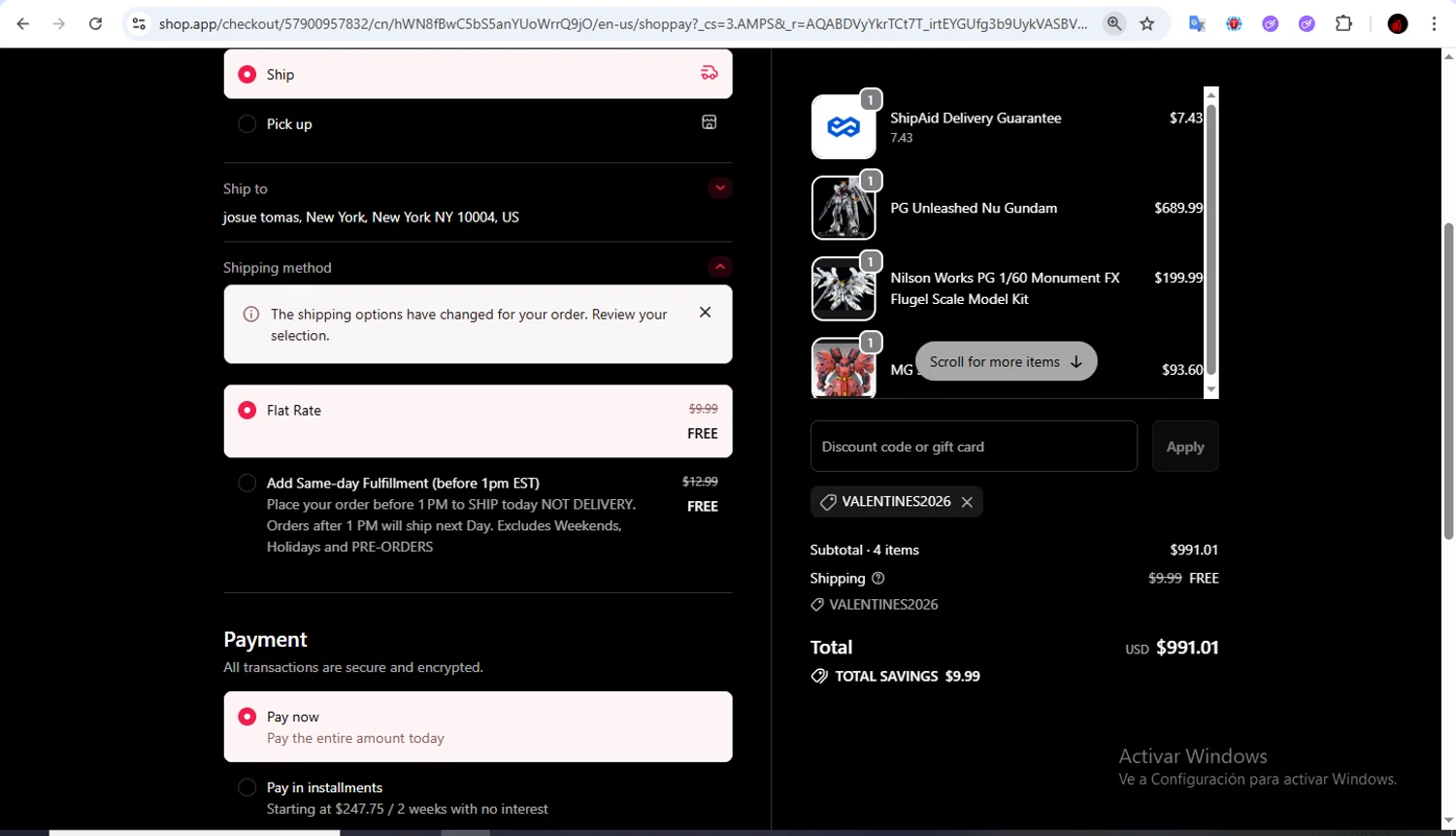 Gundam Place Store promo code screenshot showing code VALENTINES2026 applied at Gundam Place Store checkout page. Uploaded by SimplyCodes community member Francisco01 on Feb 11, 2026