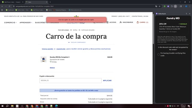 Gundry MD checkout page showing Gundry MD coupon code box | Screenshot taken by SimplyCodes community member on Sep 1, 2025