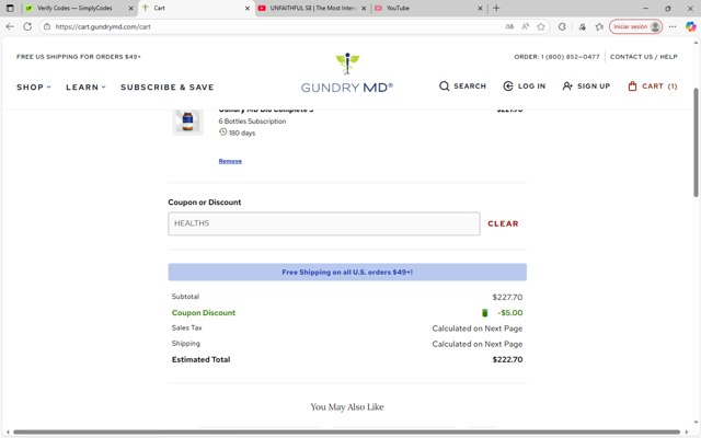 Gundry MD checkout page showing Gundry MD coupon code box | Screenshot taken by SimplyCodes community member on Aug 29, 2025