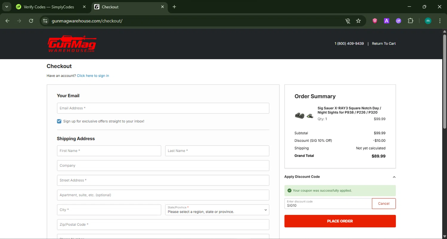 GunMag Warehouse promo code screenshot showing code SIG10 applied at GunMag Warehouse checkout page. Uploaded by SimplyCodes community member CrownSpotter4262 on Jan 11, 2026