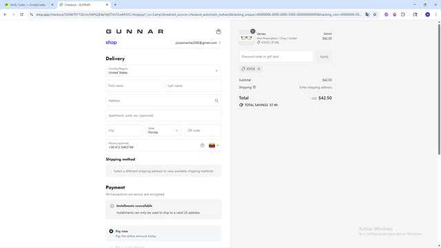 Gunnar checkout page showing Gunnar discount code box | Screenshot taken by SimplyCodes community member on Sep 8, 2025