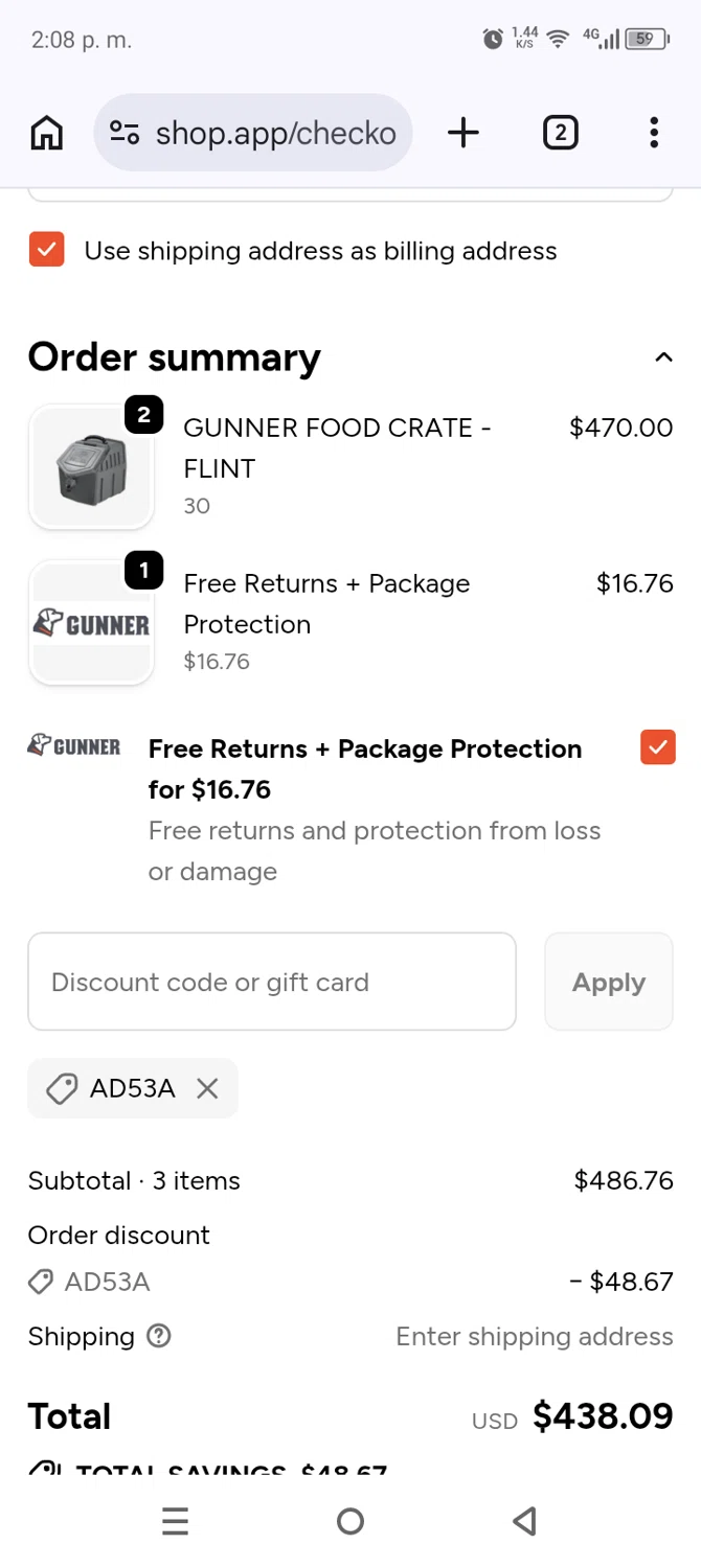 Gunner Kennels promo code screenshot showing code AD53A applied at Gunner Kennels checkout page. Uploaded by SimplyCodes community member AnthonyGuapeton94 on Jun 6, 2026