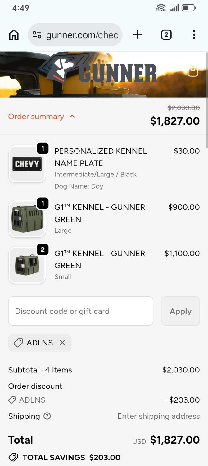 Gunner Kennels promo code screenshot showing code ADLNS applied at Gunner Kennels checkout page. Uploaded by SimplyCodes community member franksanchez on Jun 4, 2026