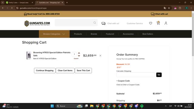 Gunsafes checkout page showing Gunsafes promo code box | Screenshot taken by SimplyCodes community member on Feb 27, 2025