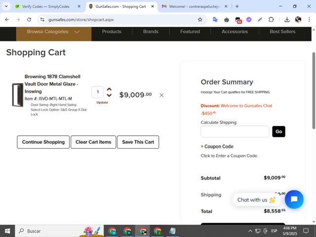 Gunsafes checkout page showing Gunsafes promo code box | Screenshot taken by SimplyCodes community member on May 9, 2025
