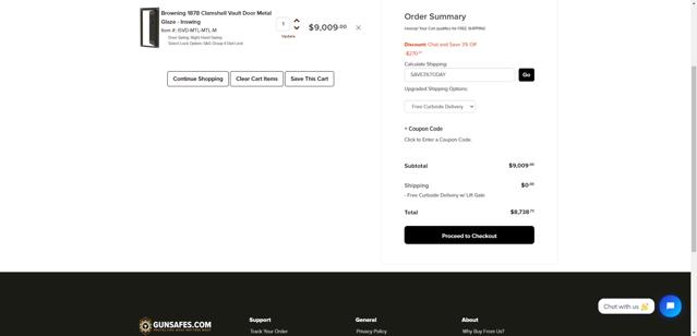 Gunsafes checkout page showing Gunsafes promo code box | Screenshot taken by SimplyCodes community member on May 9, 2025