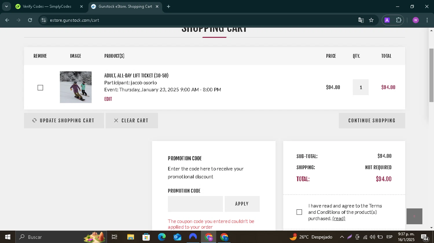 Gunstock Mountain Resort checkout page showing Gunstock Mountain Resort promo code box | Screenshot taken by SimplyCodes community member on Jan 17, 2025