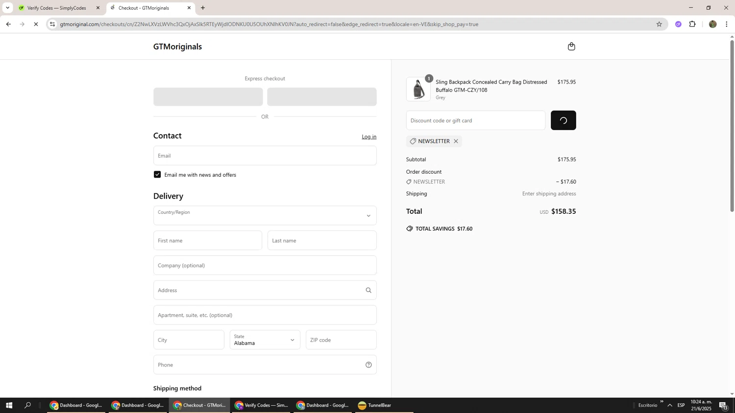 Gun Tote'N Mamas promo code screenshot showing code NEWSLETTER applied at Gun Tote'N Mamas checkout page. Uploaded by SimplyCodes community member Phoenix585 on Jun 21, 2025