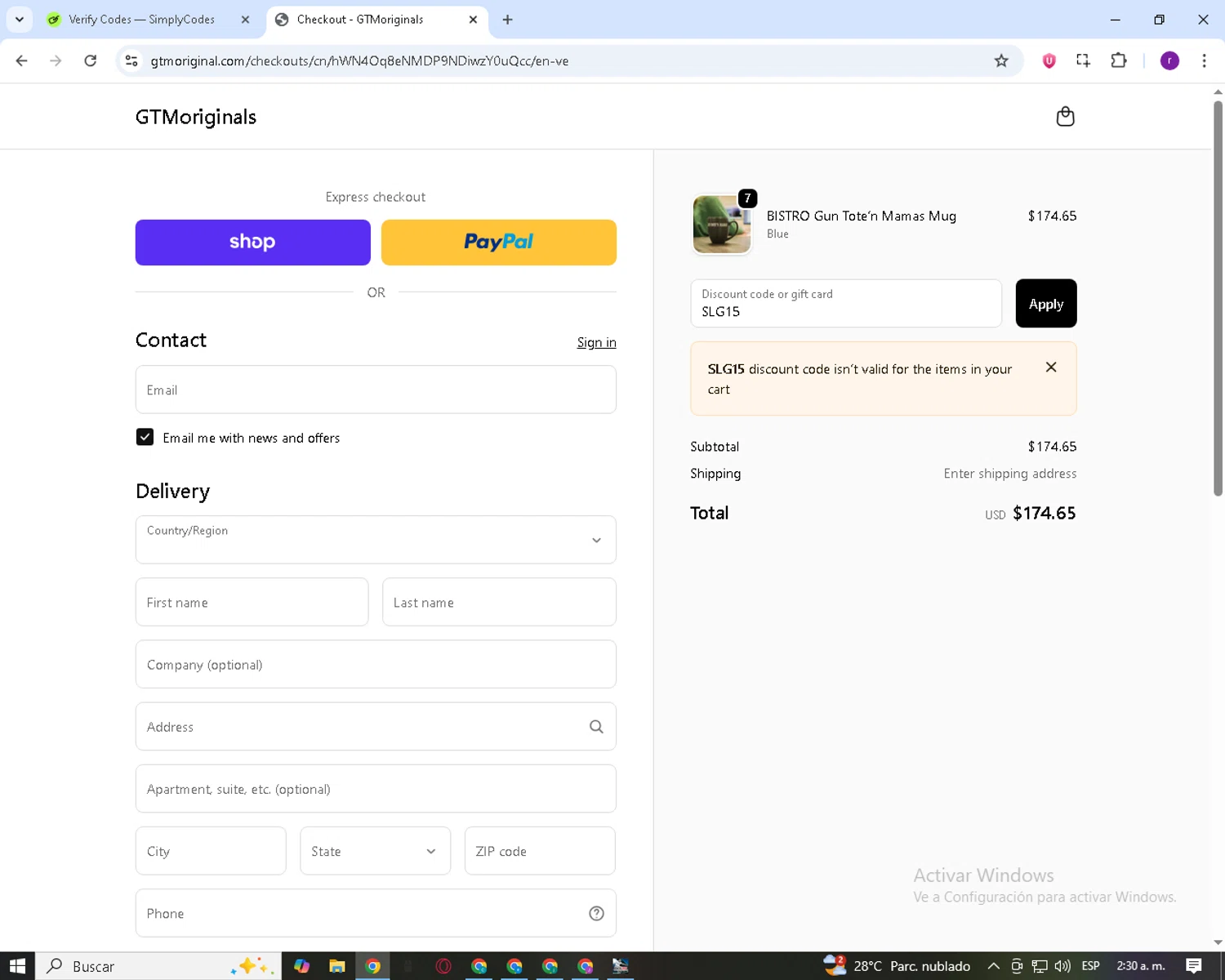 Gun Tote'N Mamas promo code screenshot showing code SLG15 applied at Gun Tote'N Mamas checkout page. Uploaded by SimplyCodes community member CashFox8311 on Oct 22, 2025