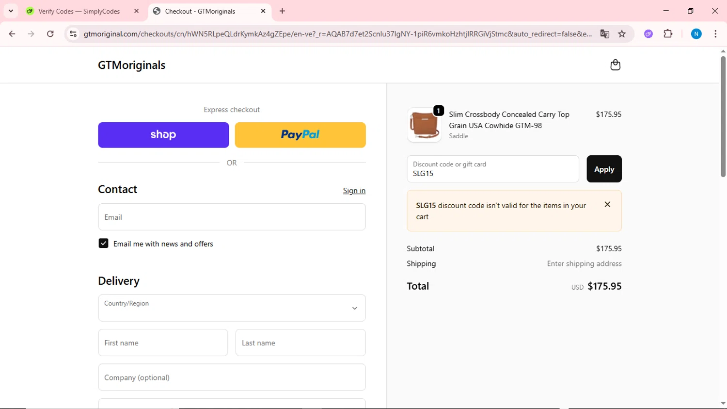 Gun Tote'N Mamas promo code screenshot showing code SLG15 applied at Gun Tote'N Mamas checkout page. Uploaded by SimplyCodes community member QuestOwl6398 on Nov 18, 2025