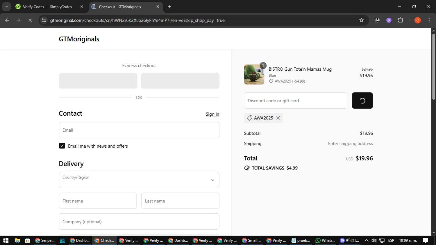 Gun Tote'N Mamas promo code screenshot showing code awa2025 applied at Gun Tote'N Mamas checkout page. Uploaded by SimplyCodes community member NatanaelCano on Sep 11, 2025