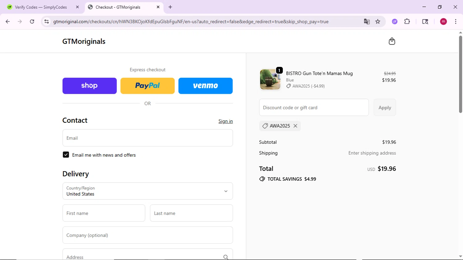 Gun Tote'N Mamas promo code screenshot showing code awa2025 applied at Gun Tote'N Mamas checkout page. Uploaded by SimplyCodes community member PrimeSage7080 on Sep 20, 2025