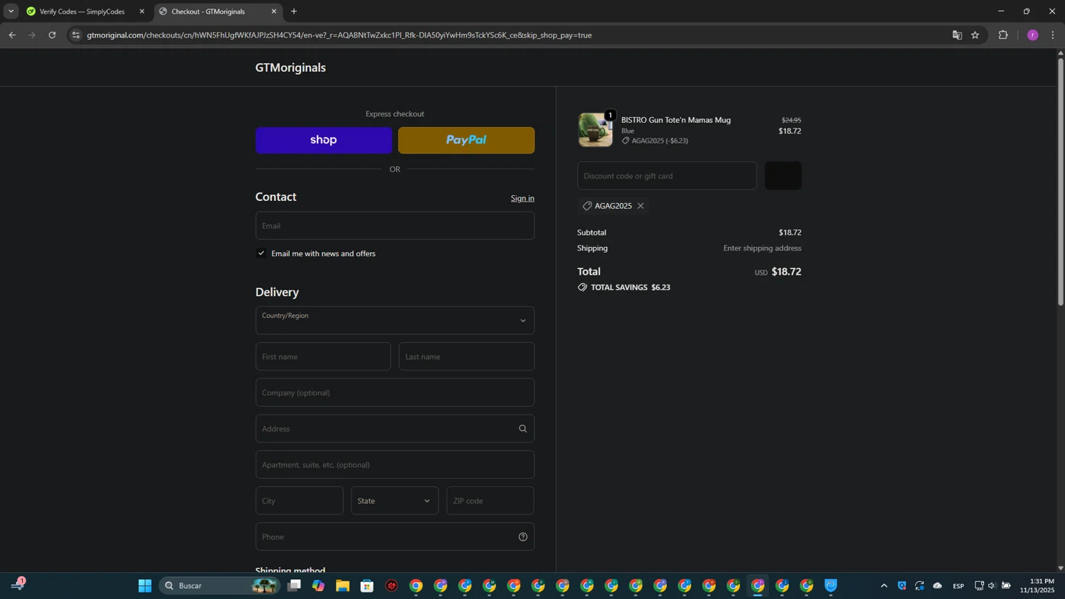 Gun Tote'N Mamas promo code screenshot showing code AGAG2025 applied at Gun Tote'N Mamas checkout page. Uploaded by SimplyCodes community member EpicScout8515 on Nov 13, 2025