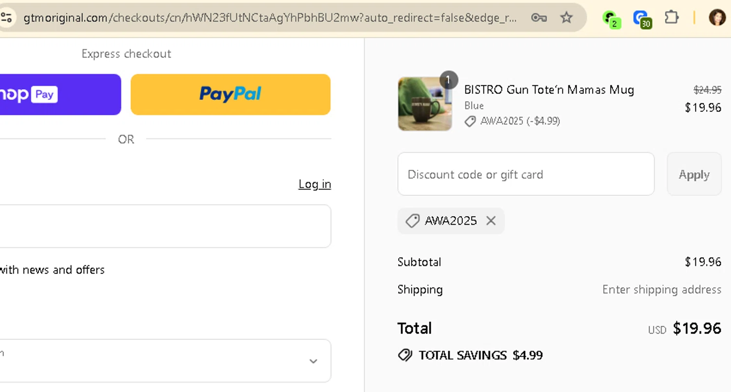 Gun Tote'N Mamas promo code screenshot showing code awa2025 applied at Gun Tote'N Mamas checkout page. Uploaded by SimplyCodes community member AMANDA2681 on Aug 21, 2025