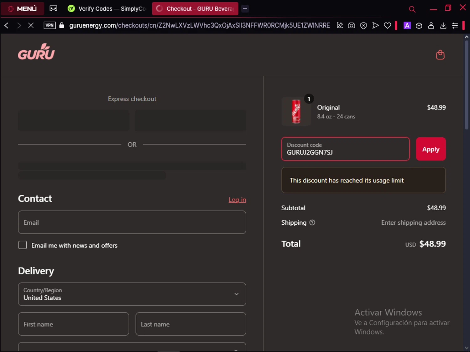 GURU Organic Energy promo code screenshot showing code GURUJ2GGN7SJ applied at GURU Organic Energy checkout page. Uploaded by SimplyCodes community member MoneyAce864 on Apr 7, 2025