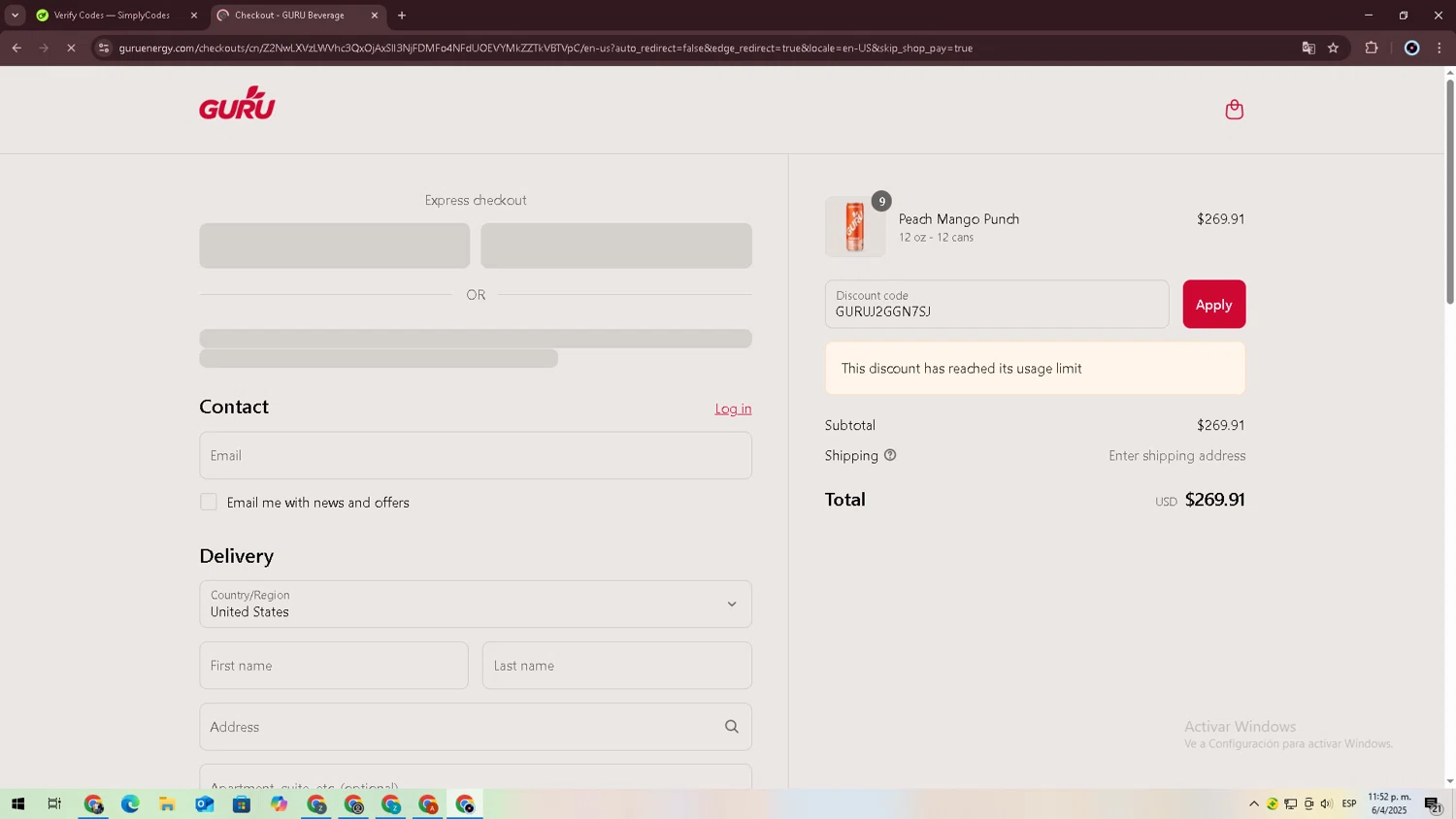 GURU Organic Energy promo code screenshot showing code GURUJ2GGN7SJ applied at GURU Organic Energy checkout page. Uploaded by SimplyCodes community member jessrodrguez2 on Apr 7, 2025