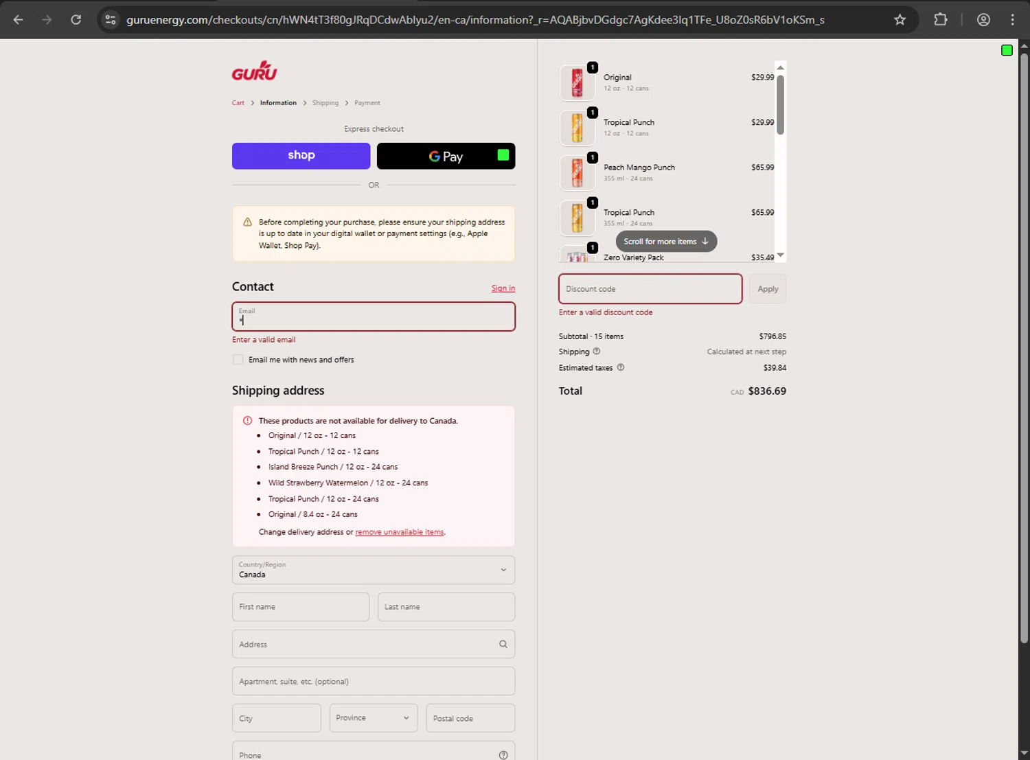 GURU Organic Energy promo code screenshot showing code HALLOWEEN15 applied at GURU Organic Energy checkout page. Uploaded by SimplyCodes community member JakePerrox on Nov 4, 2025