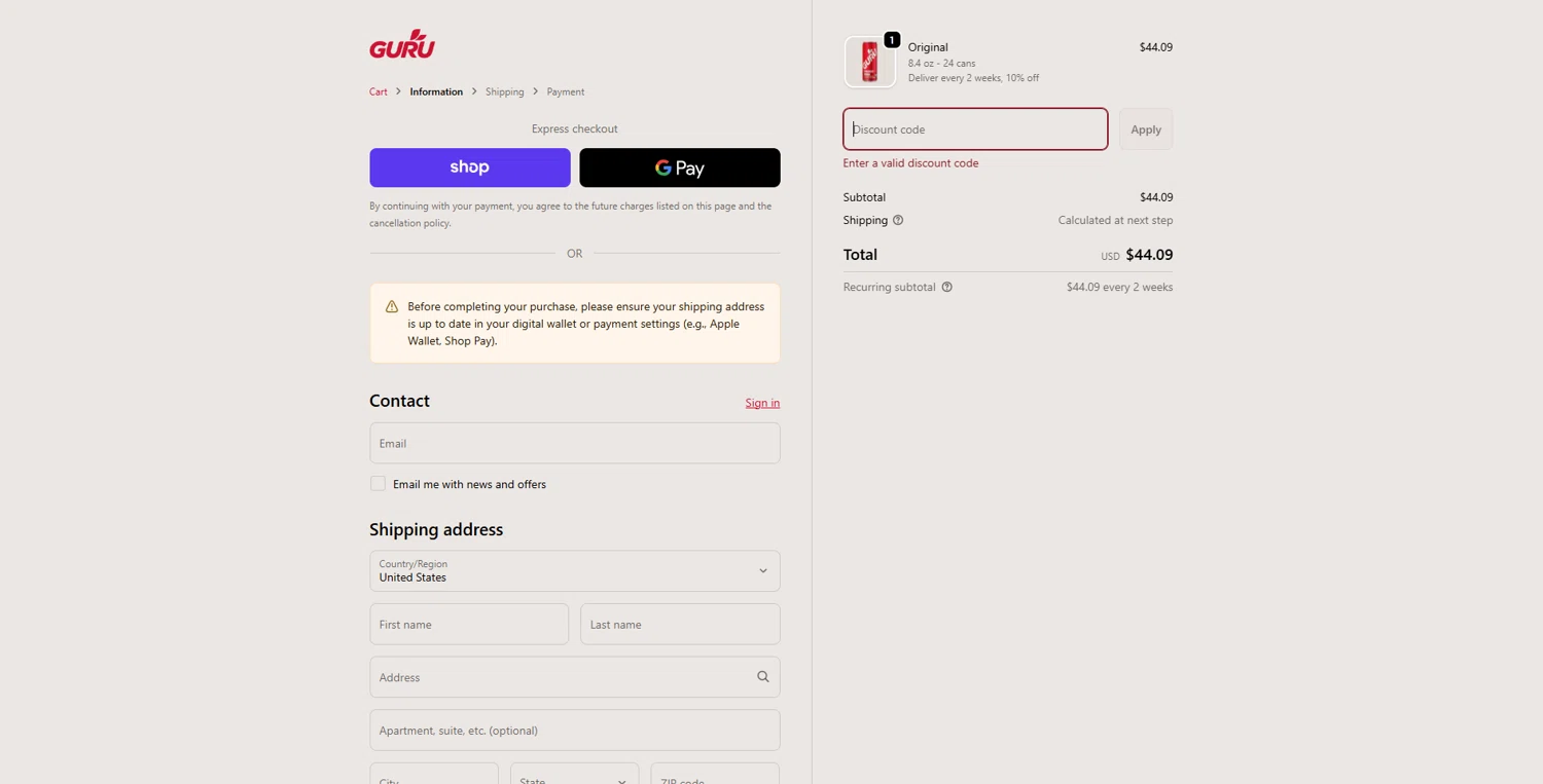 GURU Organic Energy promo code screenshot showing code HALLOWEEN15 applied at GURU Organic Energy checkout page. Uploaded by SimplyCodes community member STEVE20 on Nov 4, 2025