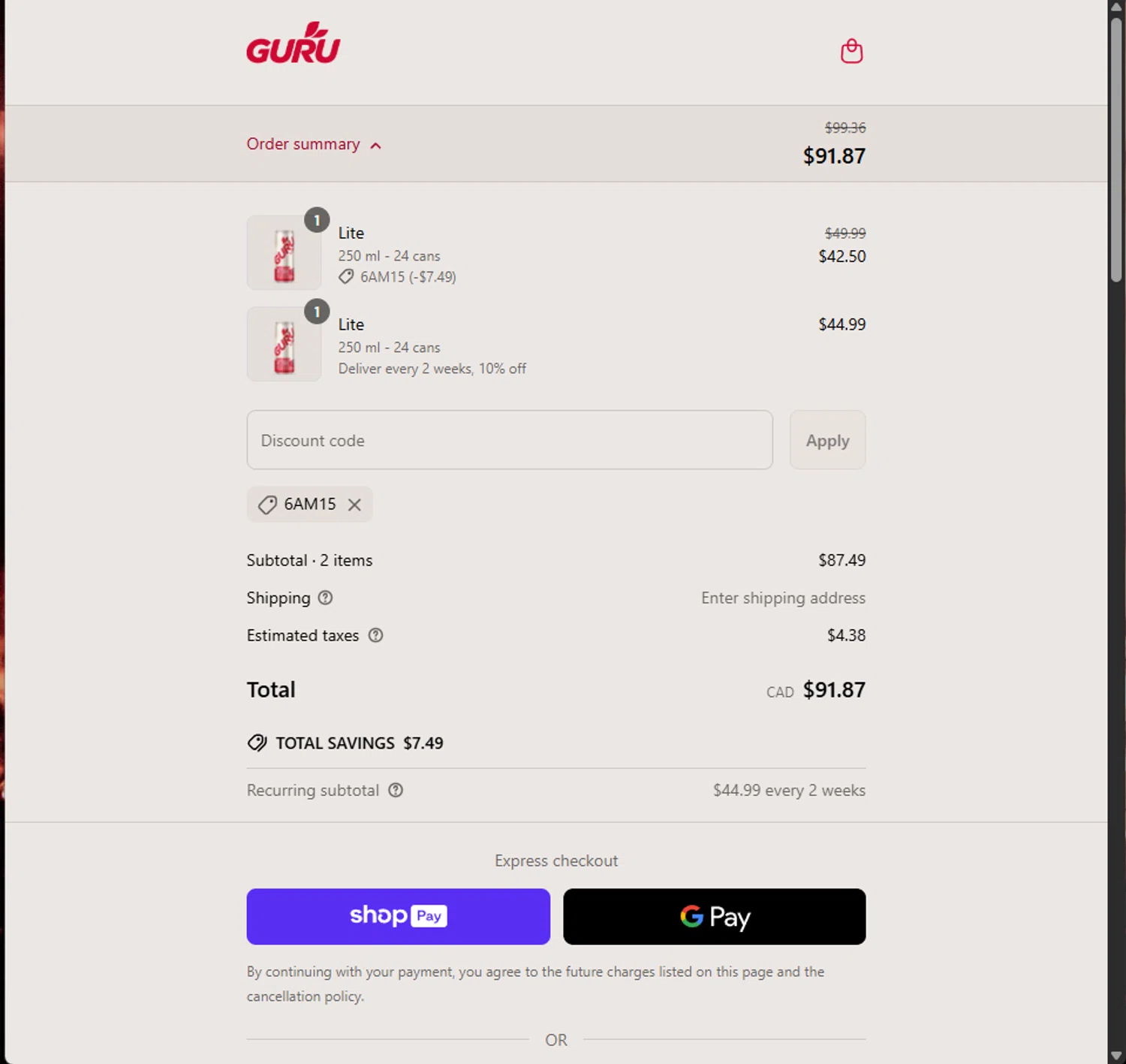 GURU Organic Energy promo code screenshot showing code 6AM15 applied at GURU Organic Energy checkout page. Uploaded by SimplyCodes community member PillarsofCreation on May 9, 2025