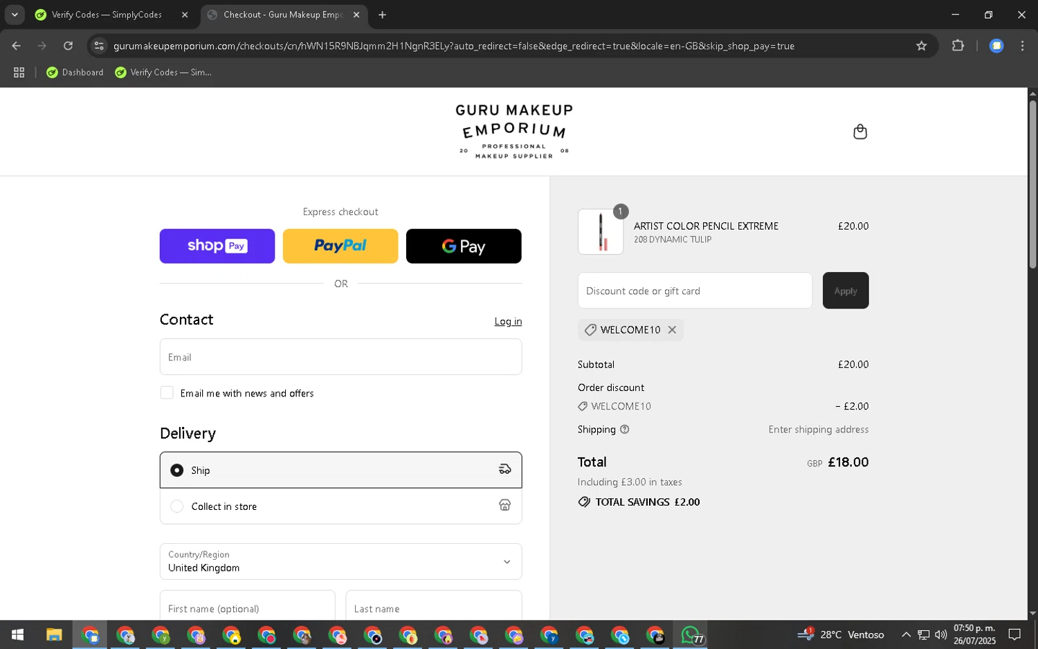 Guru Makeup Emporium discount code screenshot showing code WELCOME10 applied at Guru Makeup Emporium checkout page. Uploaded by SimplyCodes community member CouponFalcon2696 on Jul 26, 2025