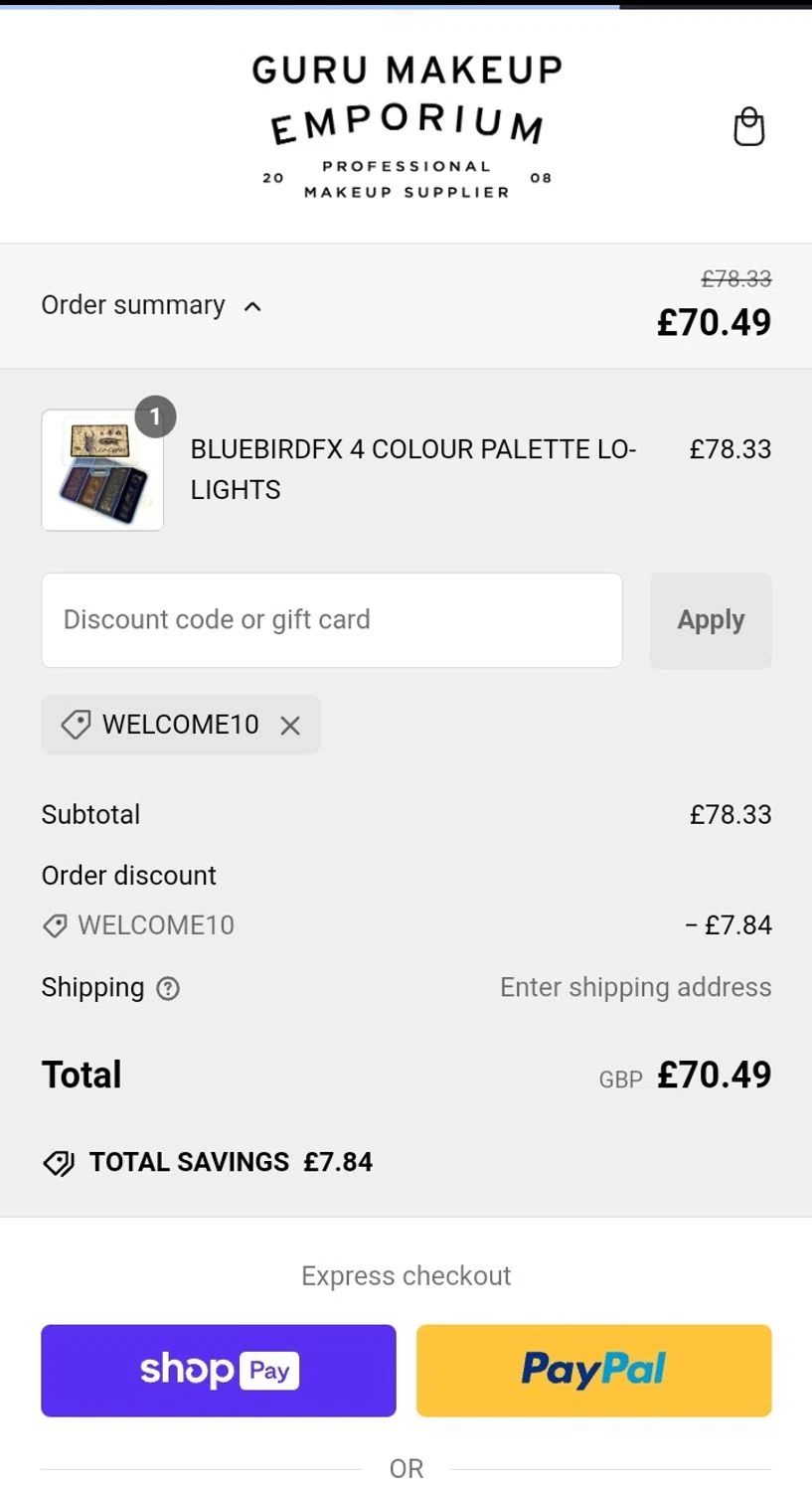 Guru Makeup Emporium discount code screenshot showing code WELCOME10 applied at Guru Makeup Emporium checkout page. Uploaded by SimplyCodes community member enmanuelsanchez1 on Jan 28, 2025