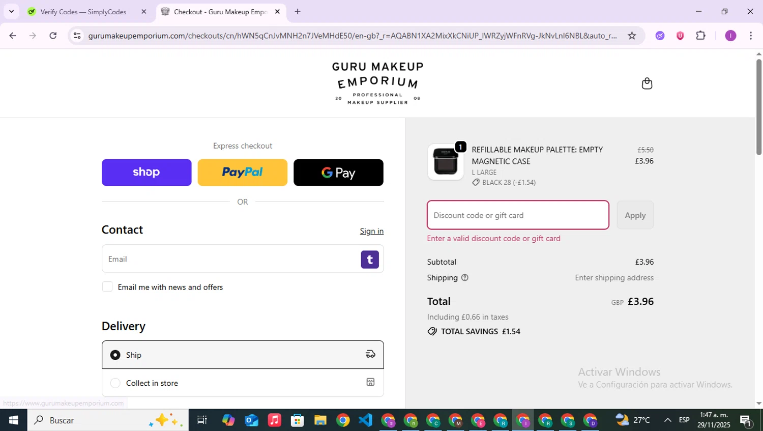 Guru Makeup Emporium discount code screenshot showing code kjh applied at Guru Makeup Emporium checkout page. Uploaded by SimplyCodes community member RebateAce6764 on Nov 29, 2025