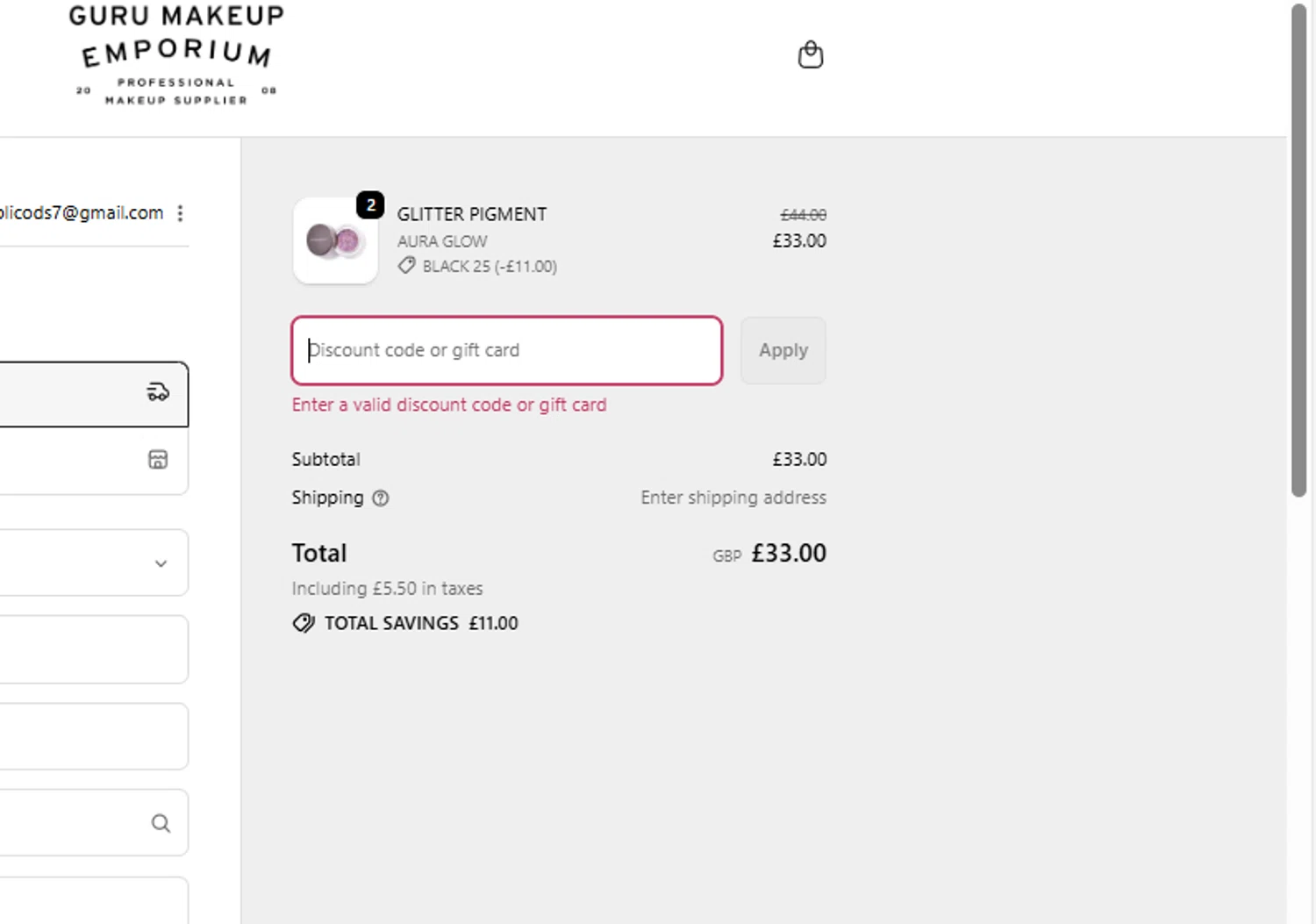 Guru Makeup Emporium discount code screenshot showing code kjh applied at Guru Makeup Emporium checkout page. Uploaded by SimplyCodes community member fhddfhfdhwert on Nov 29, 2025