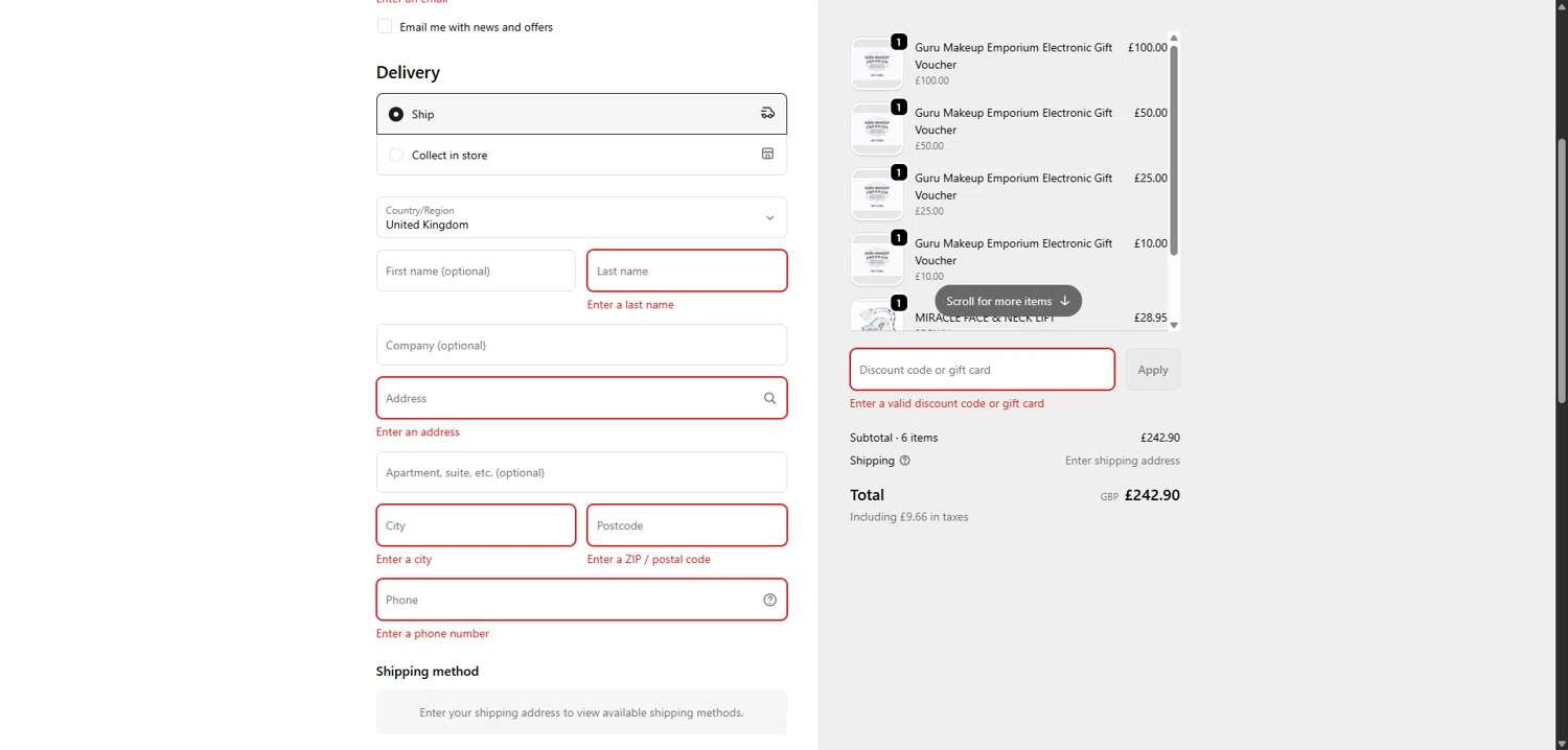 Guru Makeup Emporium discount code screenshot showing code MERRY20 applied at Guru Makeup Emporium checkout page. Uploaded by SimplyCodes community member CleverWizard6538 on Dec 23, 2025