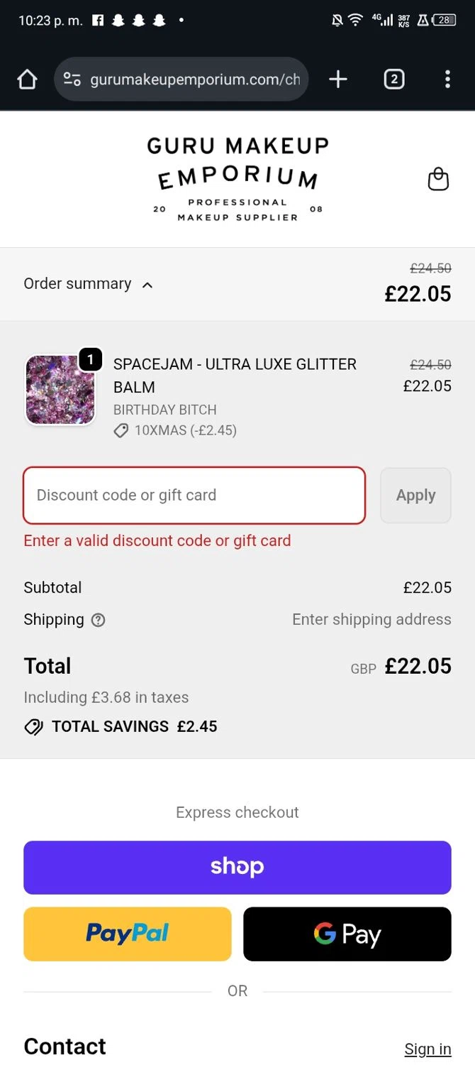 Guru Makeup Emporium discount code screenshot showing code MERRY20 applied at Guru Makeup Emporium checkout page. Uploaded by SimplyCodes community member JandryV on Dec 23, 2025