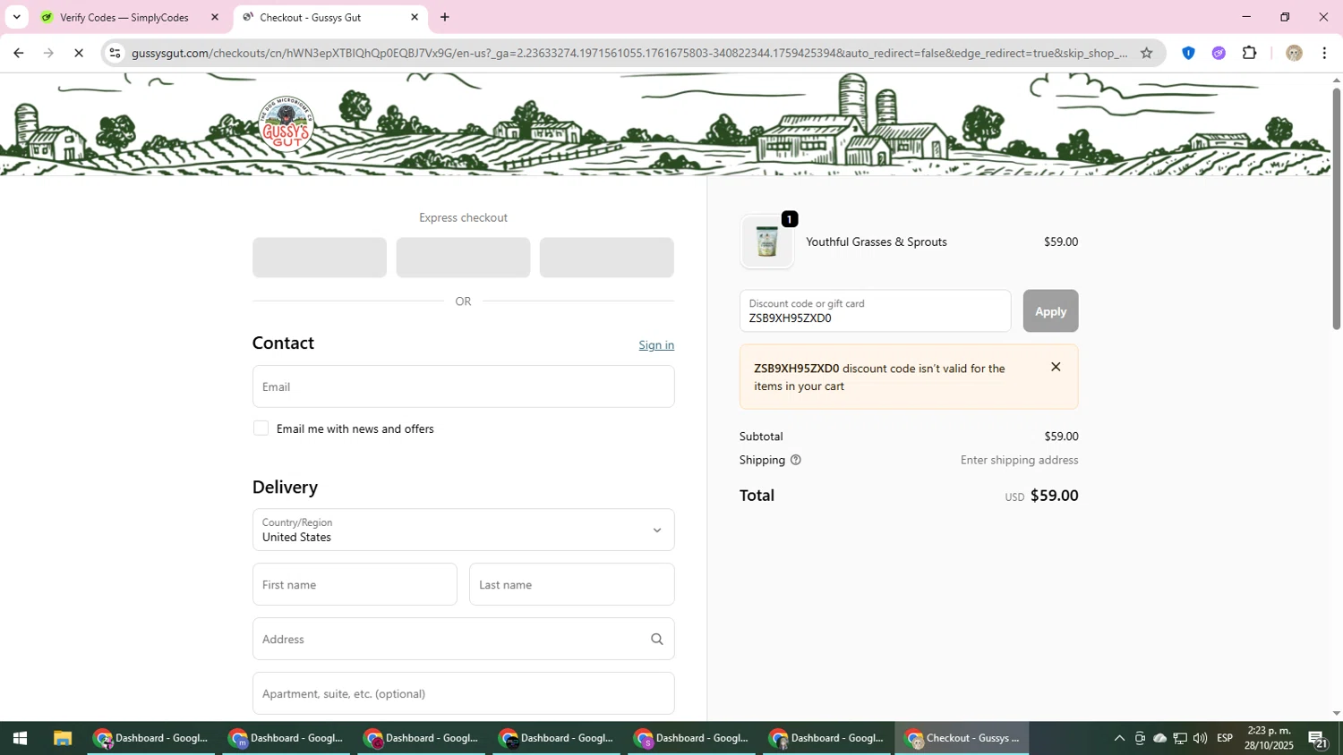Gussys Gut promo code screenshot showing code ZSB9XH95ZXD0 applied at Gussys Gut checkout page. Uploaded by SimplyCodes community member NobleScholar4826 on Oct 28, 2025