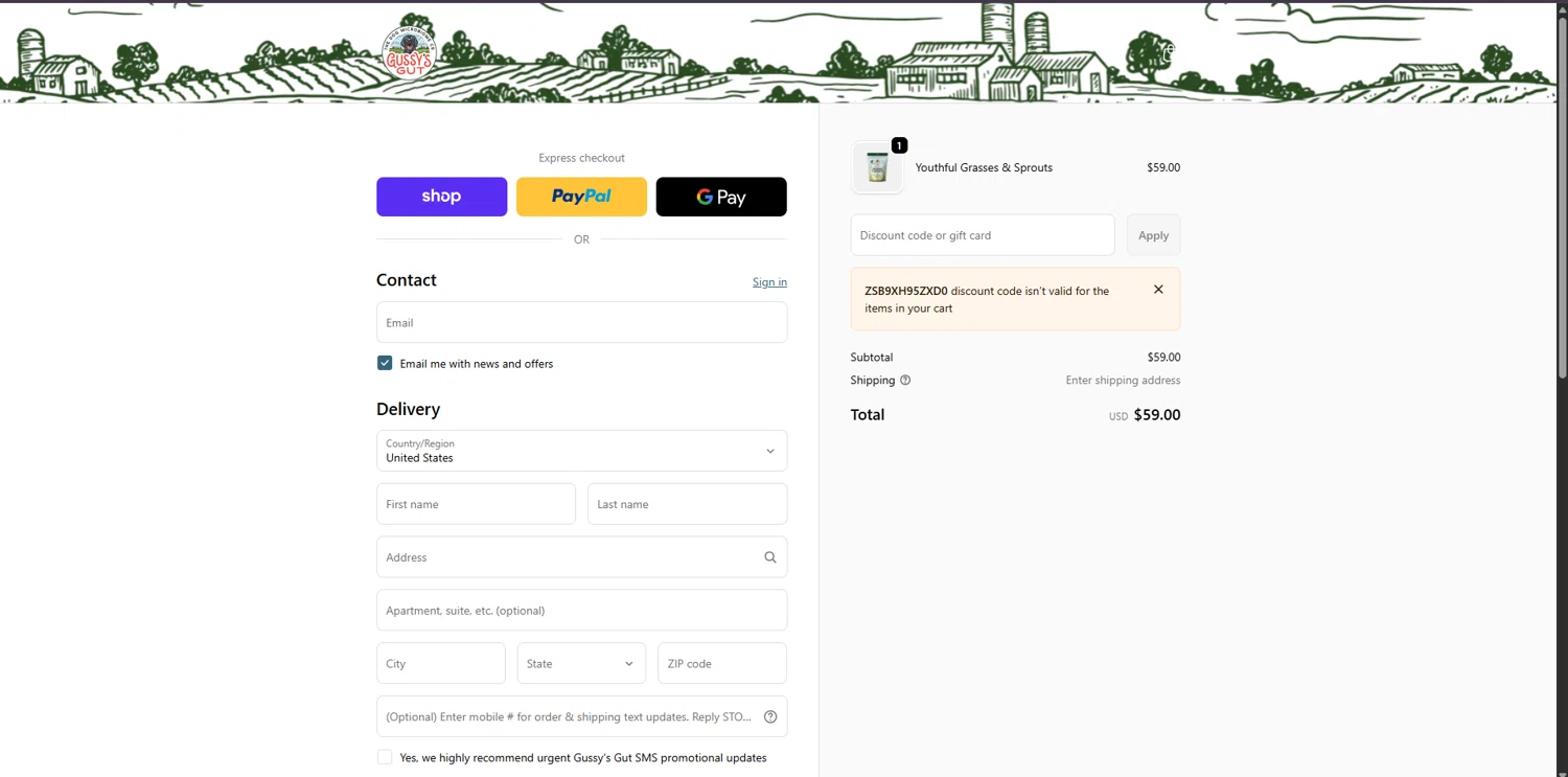 Gussys Gut promo code screenshot showing code ZSB9XH95ZXD0 applied at Gussys Gut checkout page. Uploaded by SimplyCodes community member TreasureChaser3010 on Dec 19, 2025