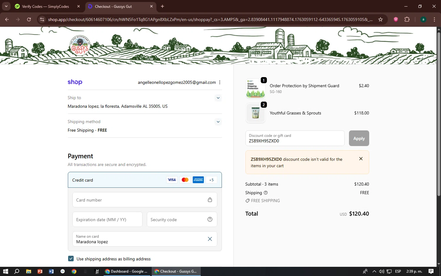 Gussys Gut promo code screenshot showing code ZSB9XH95ZXD0 applied at Gussys Gut checkout page. Uploaded by SimplyCodes community member zizu55 on Nov 13, 2025