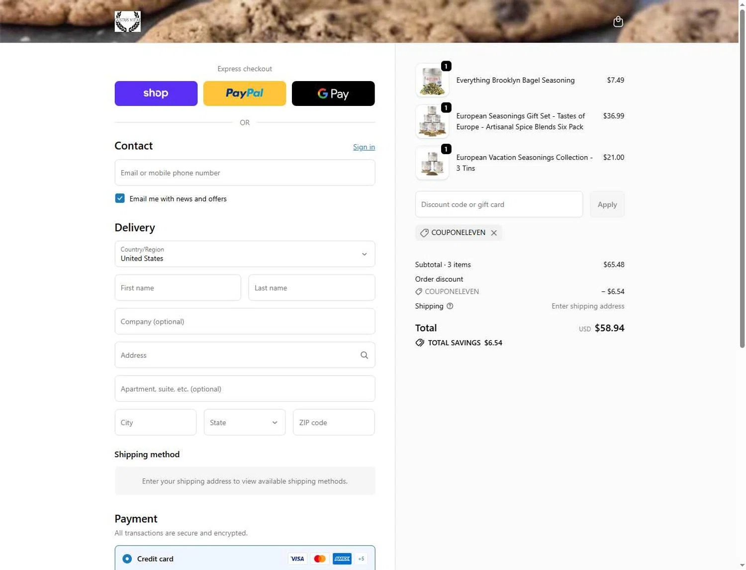 Gustus Vitae promo code screenshot showing code COUPONELEVEN applied at Gustus Vitae checkout page. Uploaded by SimplyCodes community member Andaspendientedeunovale on May 31, 2026