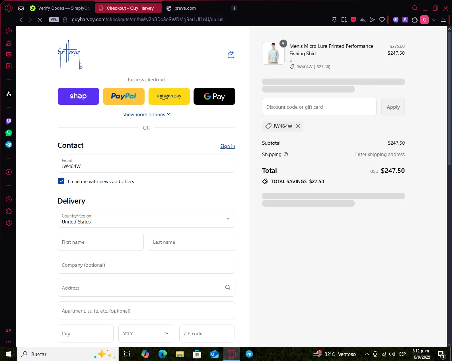 Guy Harvey promo code screenshot showing code JW464W applied at Guy Harvey checkout page. Uploaded by SimplyCodes community member Gengar on Sep 10, 2025