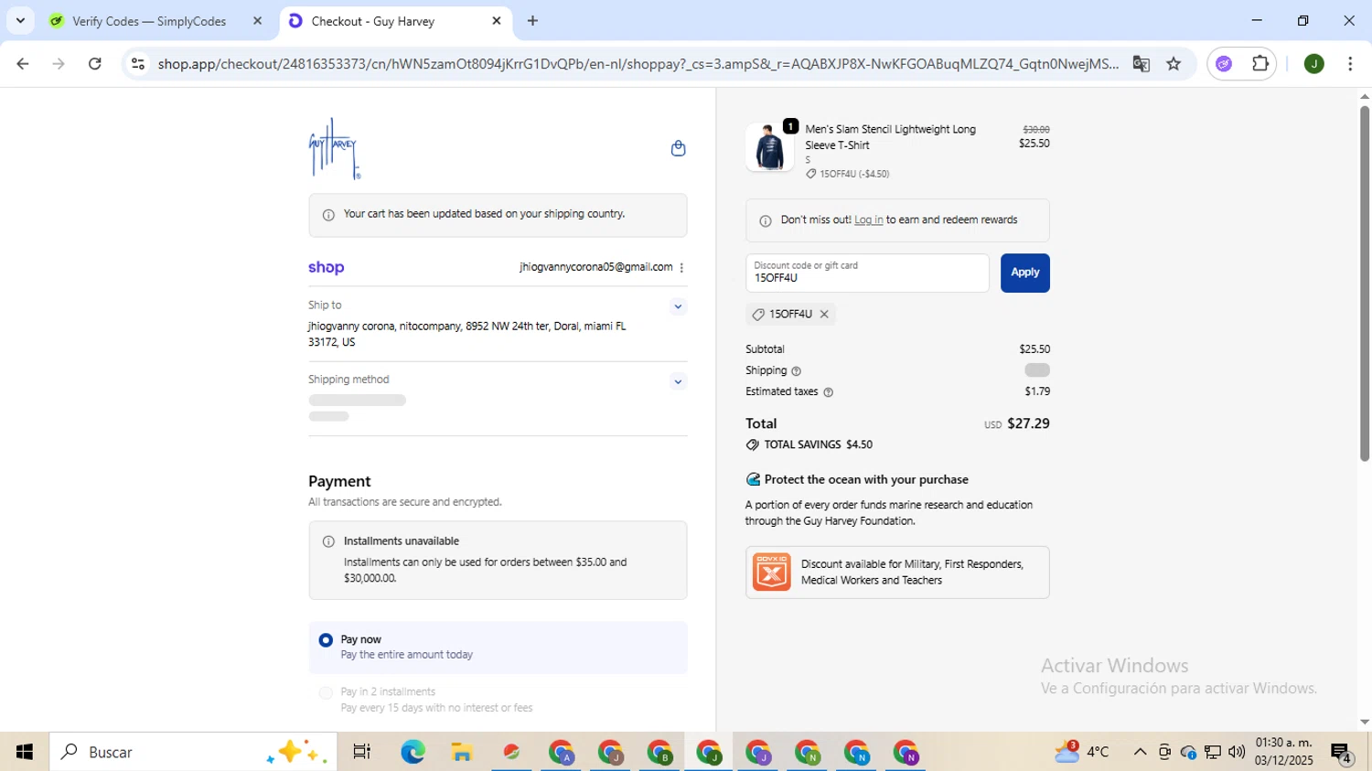 Guy Harvey promo code screenshot showing code 15OFF4U applied at Guy Harvey checkout page. Uploaded by SimplyCodes community member CleverSeeker3529 on Dec 3, 2025