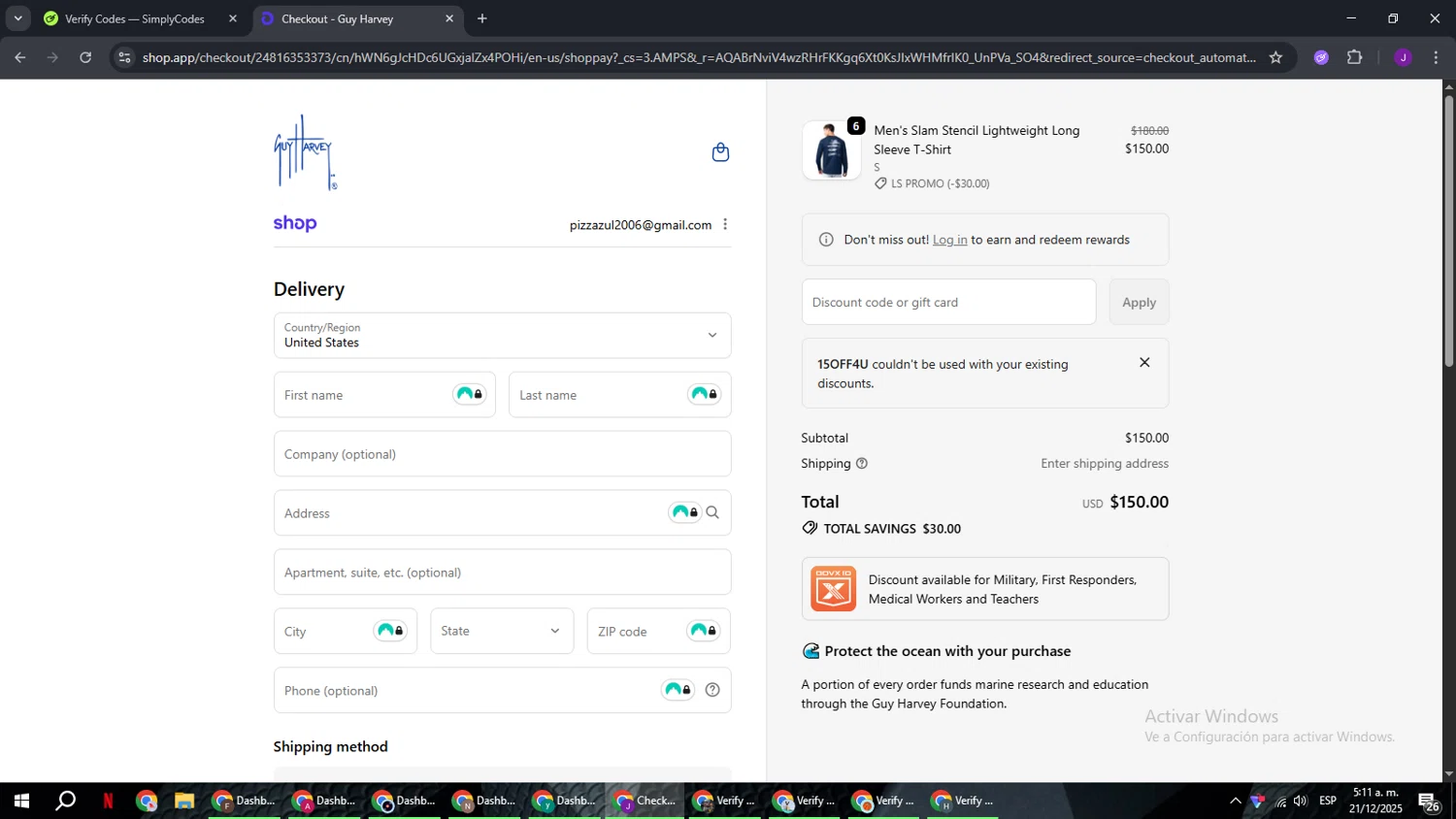 Guy Harvey promo code screenshot showing code 15OFF4U applied at Guy Harvey checkout page. Uploaded by SimplyCodes community member ComeBurra123 on Dec 21, 2025