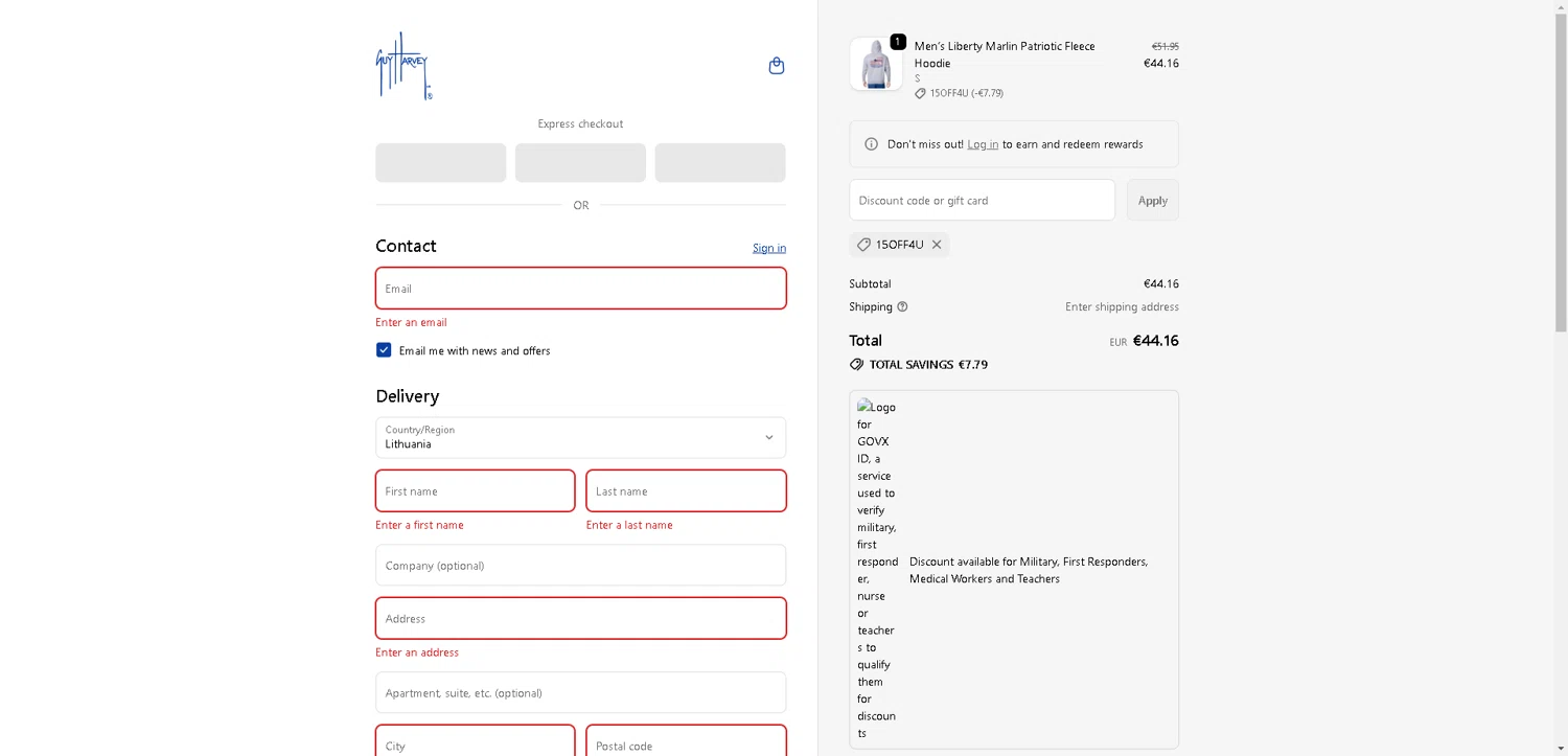 Guy Harvey promo code screenshot showing code 15OFF4U applied at Guy Harvey checkout page. Uploaded by SimplyCodes community member ValueWarden2887 on Oct 1, 2025