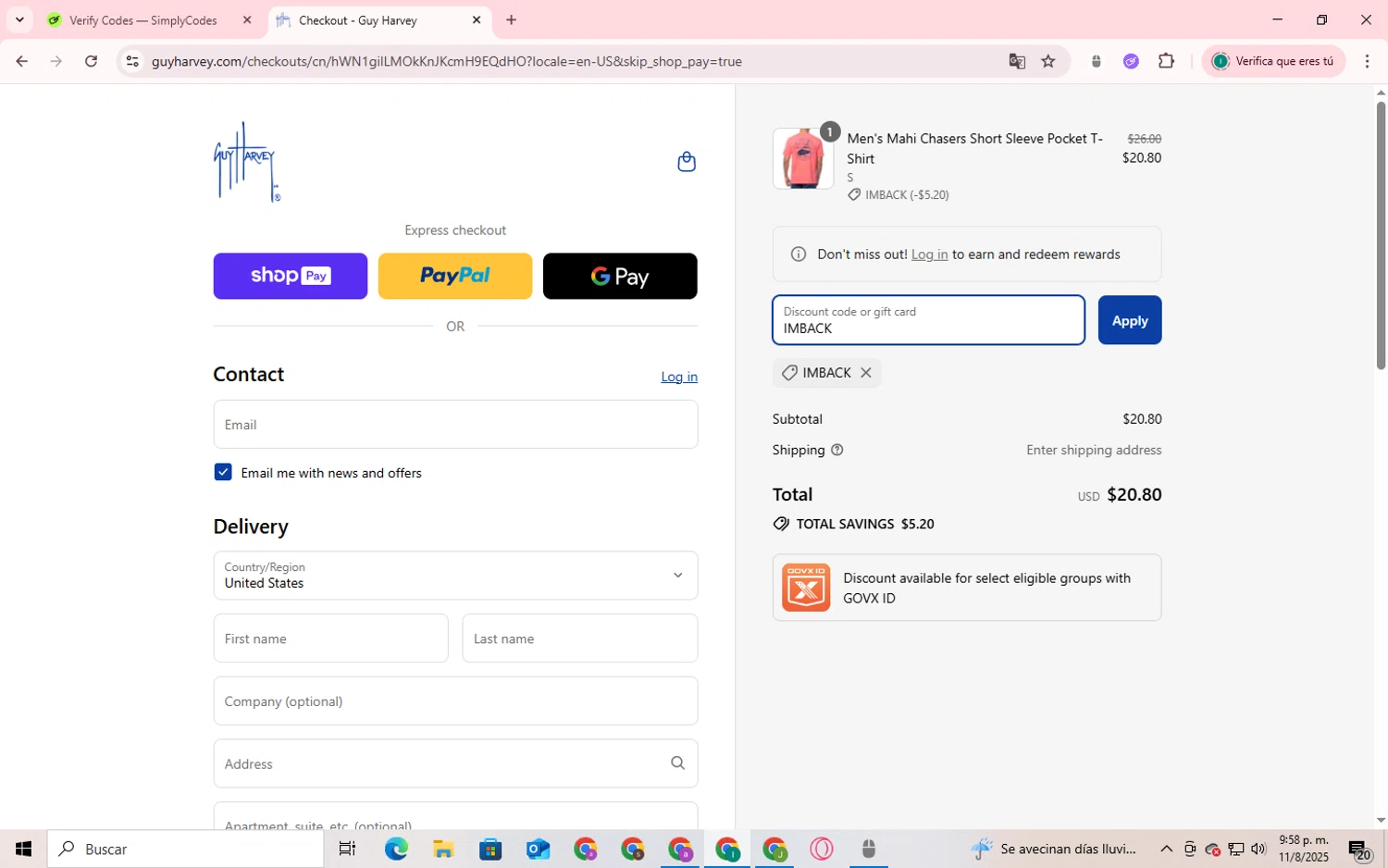 Guy Harvey promo code screenshot showing code IMBACK applied at Guy Harvey checkout page. Uploaded by SimplyCodes community member SmartShopper4328 on Aug 11, 2025