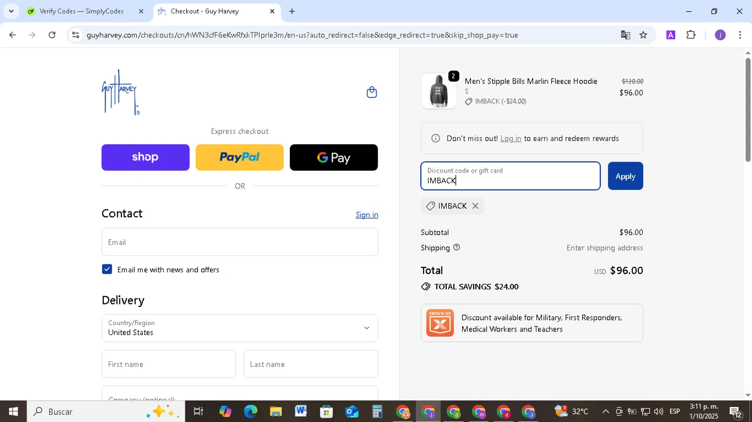 Guy Harvey promo code screenshot showing code IMBACK applied at Guy Harvey checkout page. Uploaded by SimplyCodes community member TAZ2024 on Oct 1, 2025