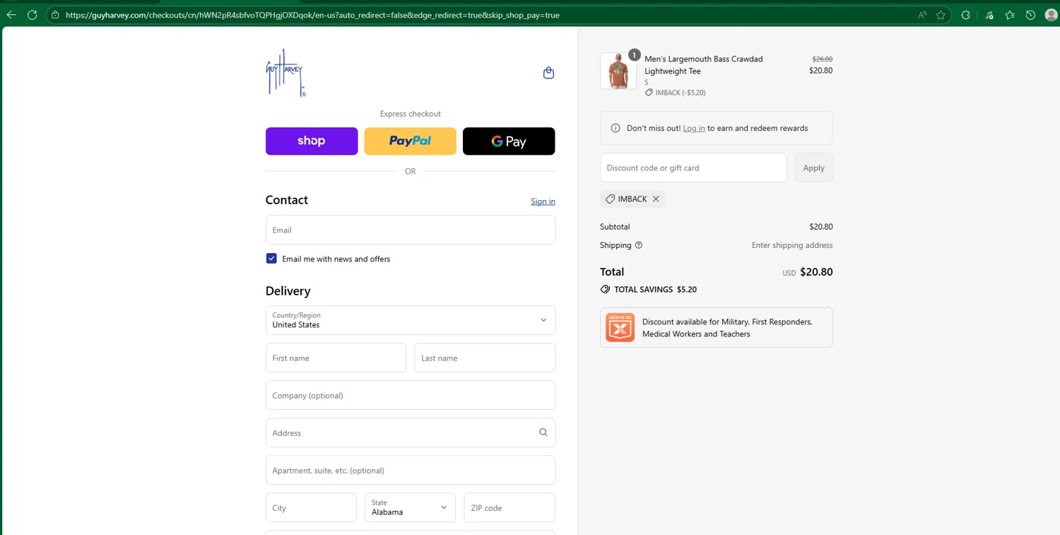 Guy Harvey promo code screenshot showing code IMBACK applied at Guy Harvey checkout page. Uploaded by SimplyCodes community member chepipro on Sep 10, 2025