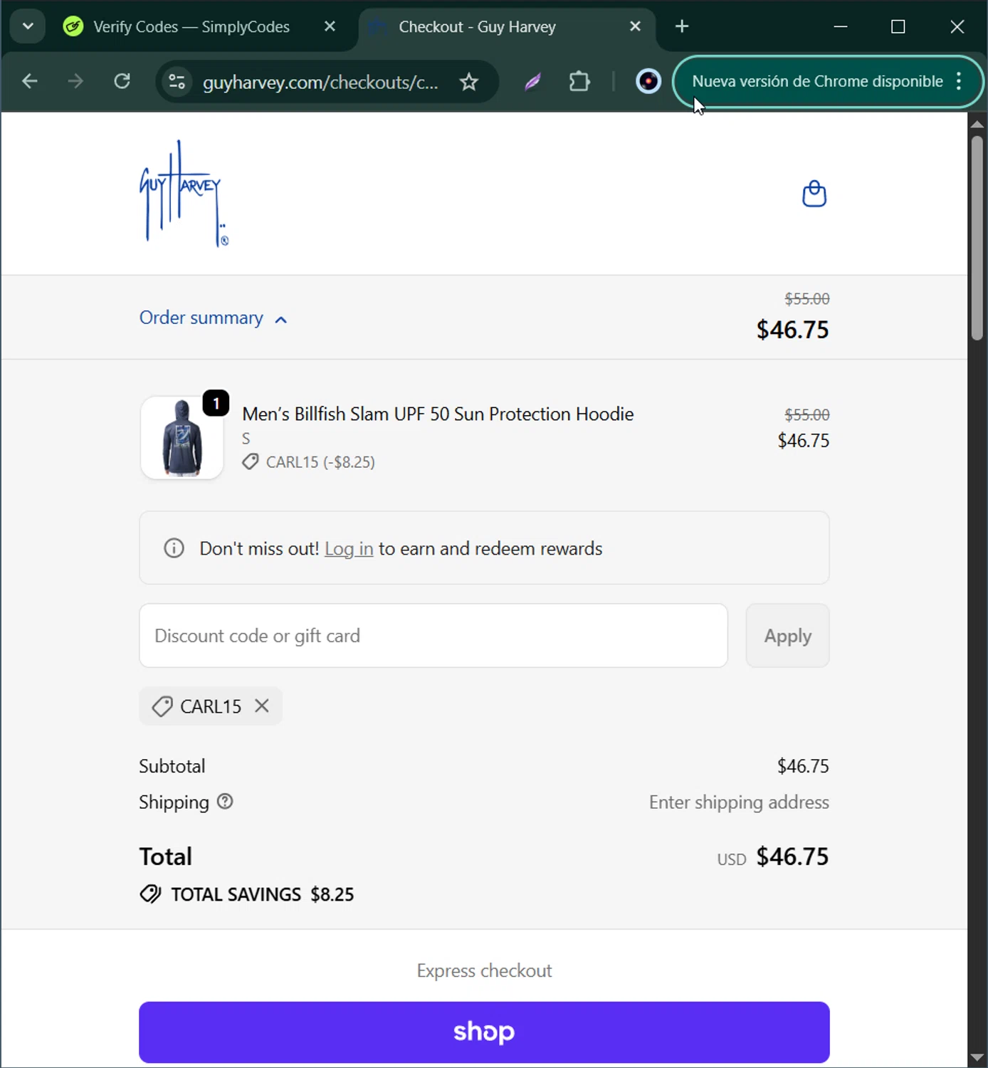 Guy Harvey promo code screenshot showing code carl15 applied at Guy Harvey checkout page. Uploaded by SimplyCodes community member Bernard_Lowe on Oct 25, 2025