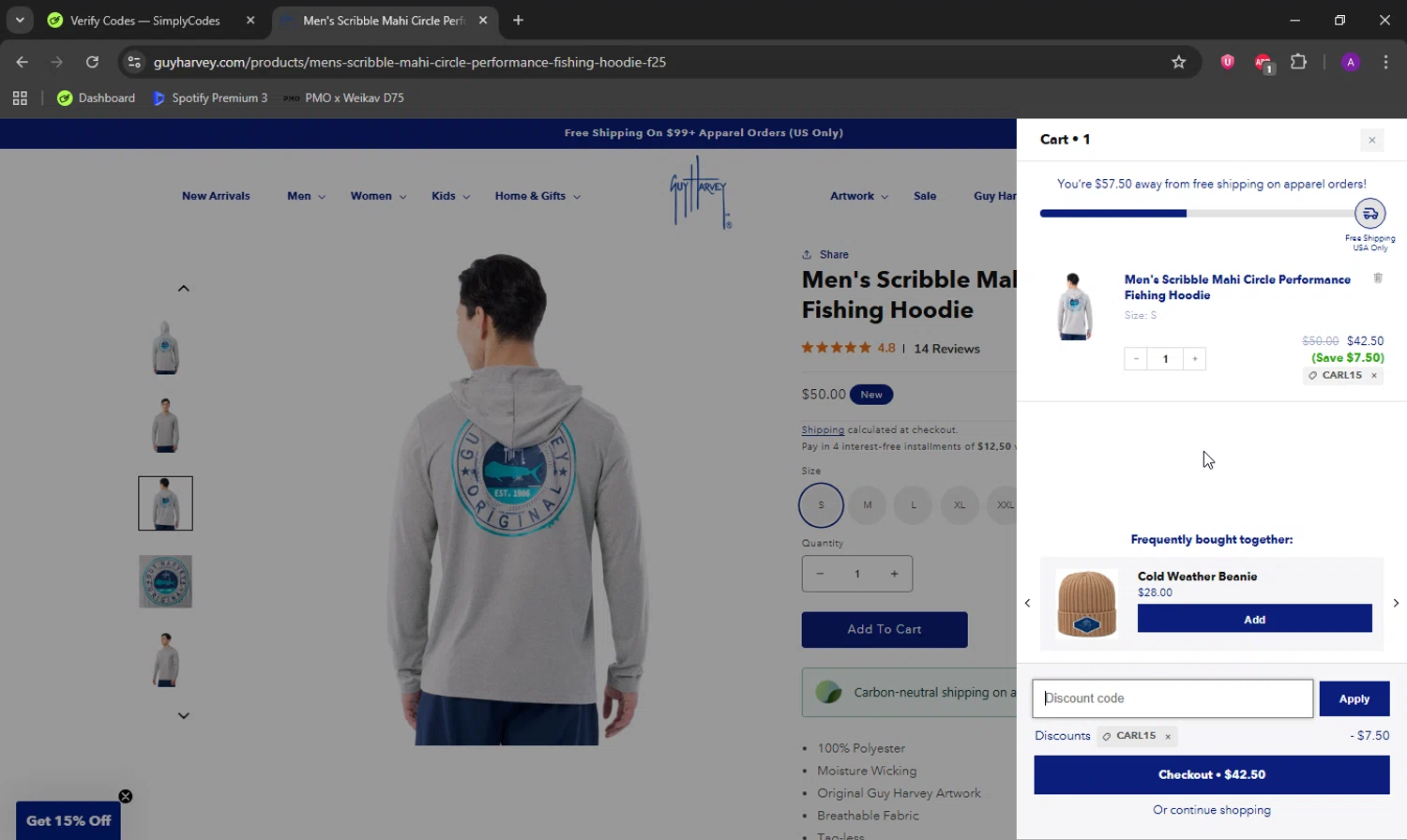 Guy Harvey promo code screenshot showing code carl15 applied at Guy Harvey checkout page. Uploaded by SimplyCodes community member DeathBone on Sep 10, 2025