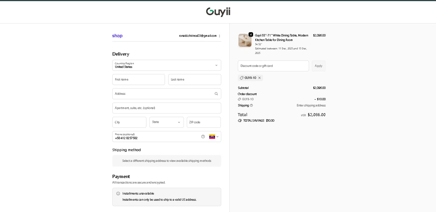 Guyii promo code screenshot showing code GUYII-10 applied at Guyii checkout page. Uploaded by SimplyCodes community member GoldAce6962 on Dec 6, 2025