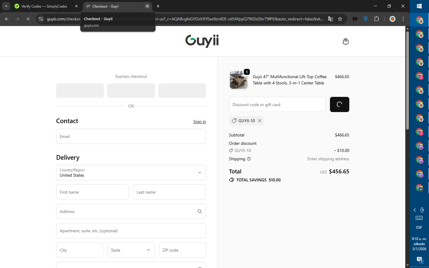 Guyii checkout page showing Guyii promo code box | Screenshot taken by SimplyCodes community member on Jan 3, 2026