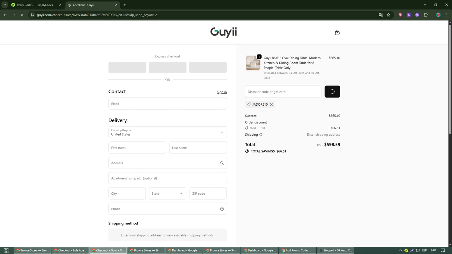 Guyii promo code screenshot showing code JADORE10 applied at Guyii checkout page. Uploaded by SimplyCodes community member Robert_Williams on Oct 7, 2025