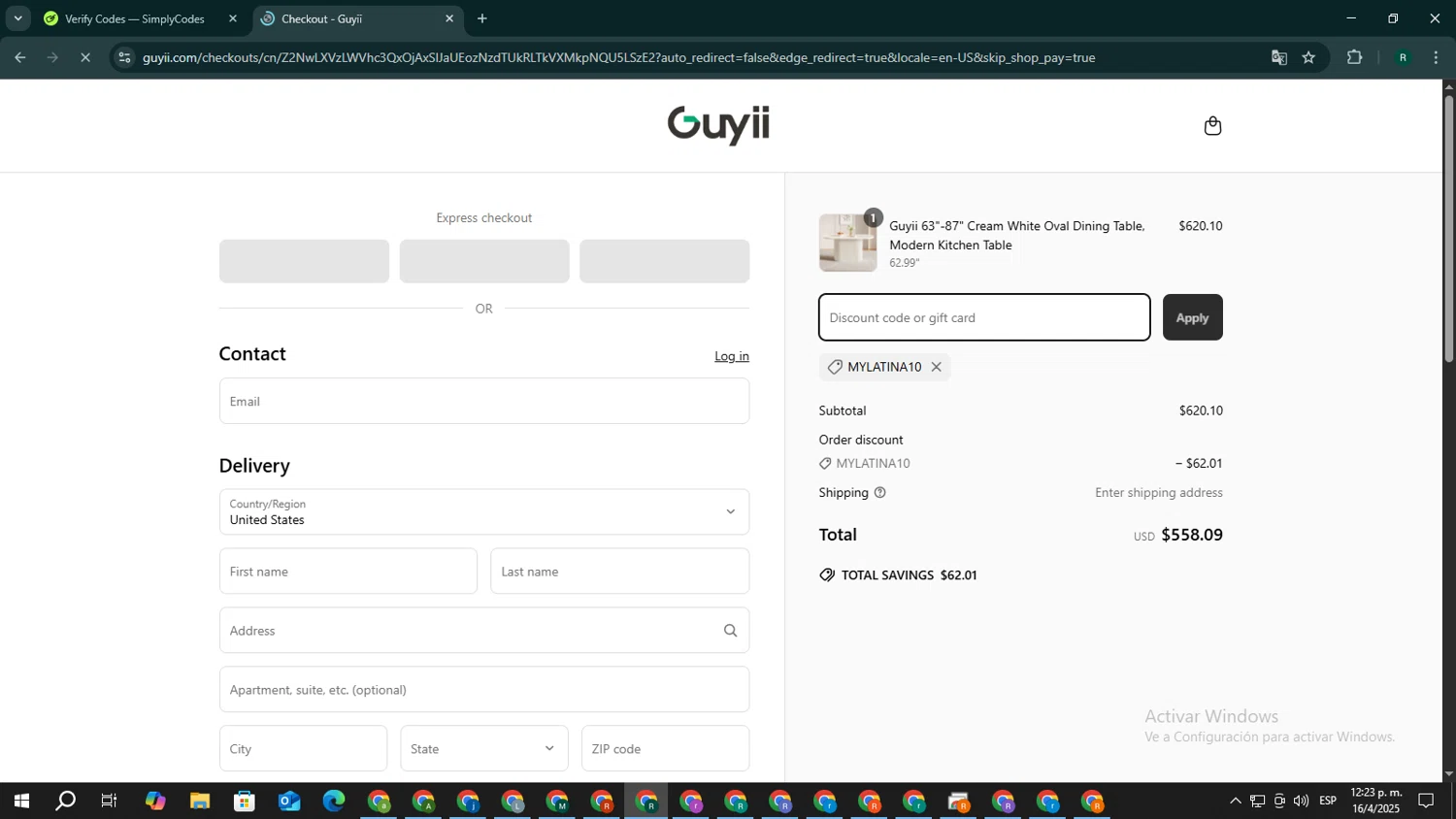 Guyii promo code screenshot showing code Mylatina10 applied at Guyii checkout page. Uploaded by SimplyCodes community member ScanPioneer7706 on Apr 16, 2025